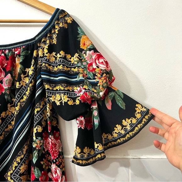 Pookie & Sebastian M Dark Floral Geometric Boho Ruffled Off Shoulder Mini Dress - Picture 4 of 7